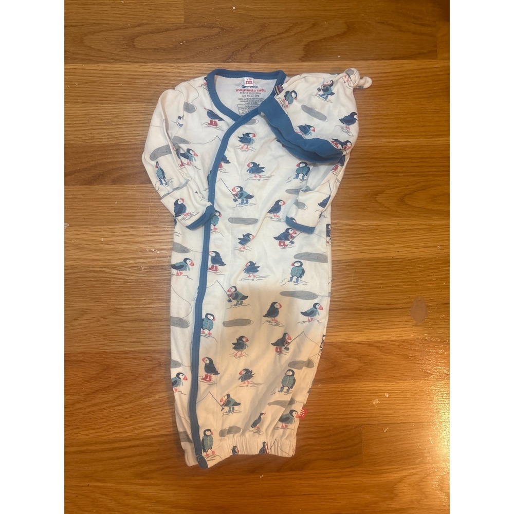 Magnetic Me Puffin Organic Cotton Magnetic Gown and Hat Set NB-3M White Blue